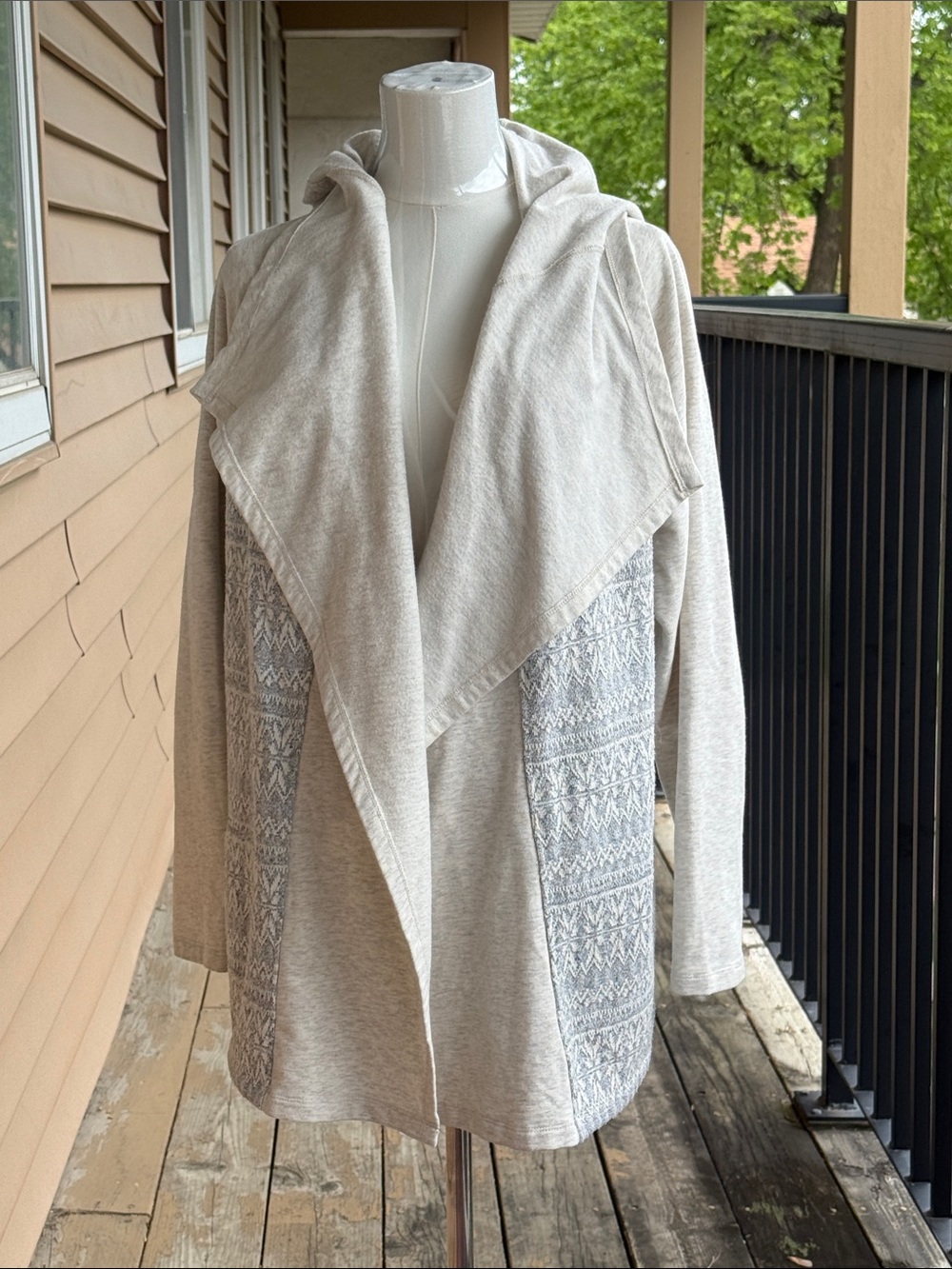 L.L. Bean Cream Hooded Open-Front Cardigan with Patterned Panels